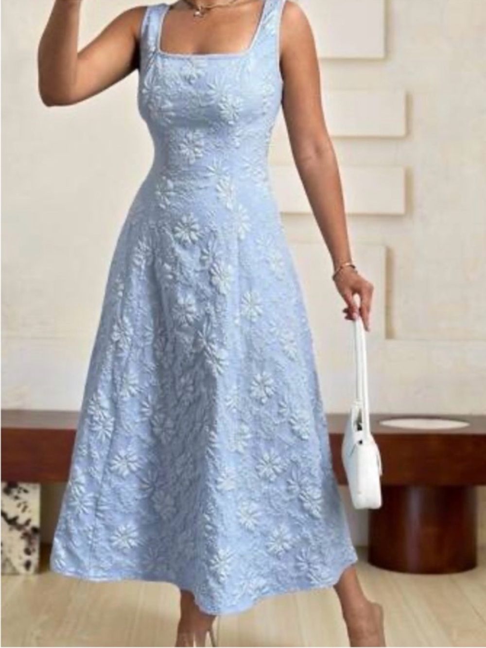 Floral Jacquard Midi Dress Size S – Light Blue, New